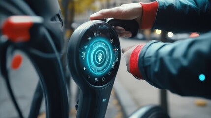 A person using a smart bike lock to ensure bike security, outdoor setting with lock displaying security status, High-tech style