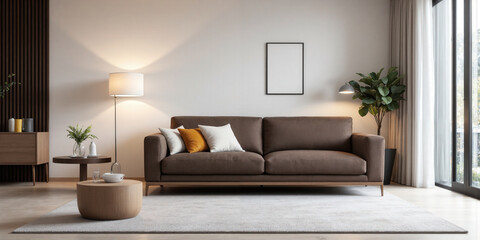 Mocha Musse sofa with a sleek, low-profile design, placed in the center of a modern living room with soft, neutral