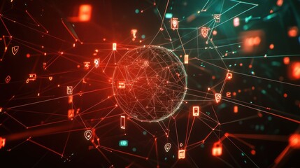 Abstract digital globe with interconnected icons representing technology and data.