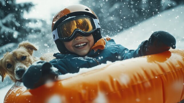A happy child wearing helmet and ski goggles in winter and an orange inflatable tube, sliding down the hill on their back with a dog by their side, snow falling around them.