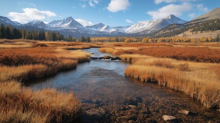A landscape image of a mountain meadow in the Rocky Mountains, featuring a clear, shallow stream flowing through a field of dried grasses and low shrubs