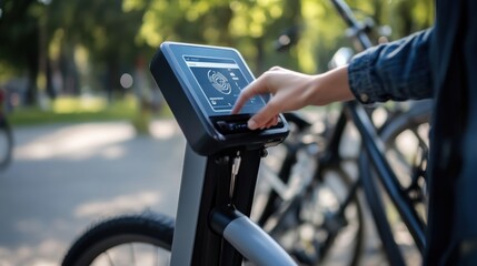 A person using a smart bike lock with biometric security, outdoor park with digital display showing biometric authentication on the bike lock, High-tech style
