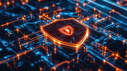 Obraz premium Digital shield symbolizing cybersecurity on a circuit board background.