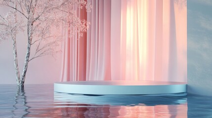 A serene stage setting with soft curtains and a tree reflected in water.