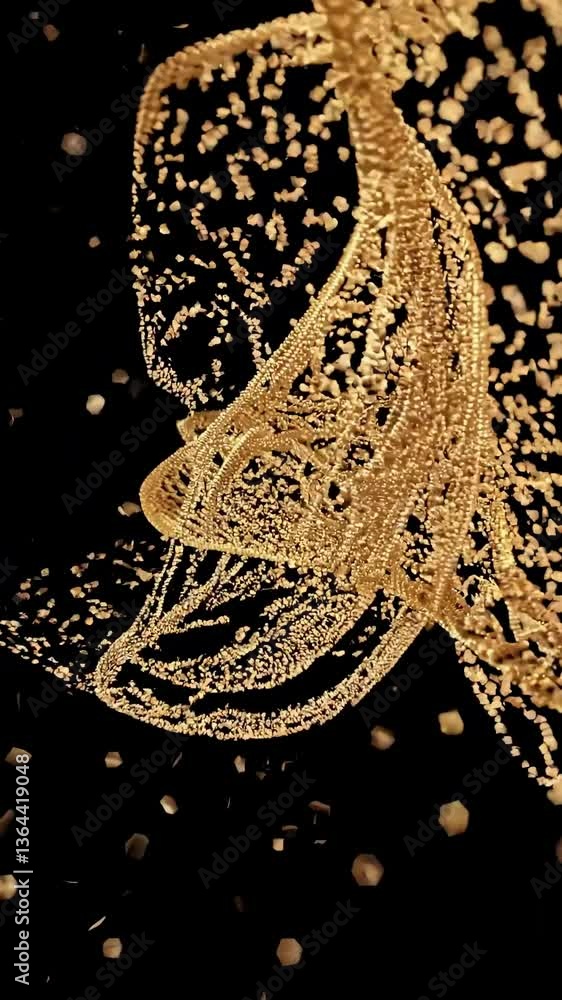 Poster dynamic video of a golden cap disintegrating into particles. captured from a side angle, highlightin