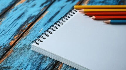 Spiral notebook and colorful pencils on a blue wooden surface, top view. Perfect for education, creativity, or school themed projects and designs.
