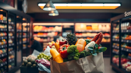 Obraz premium Paper bag full of healthy food in supermarket, created by generative ai