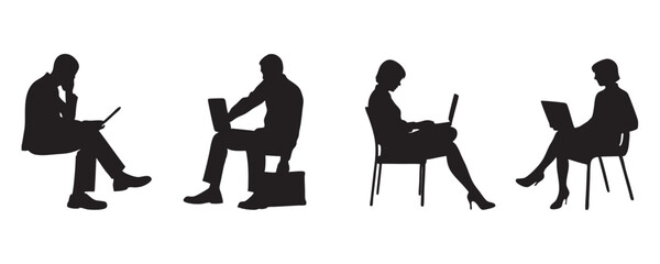 set of business people vector silhouettes, outline vector drawing on a white background