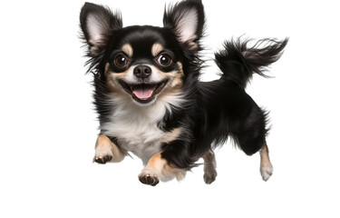 black and white long-haired Chihuahua is jumping, with a transparent background