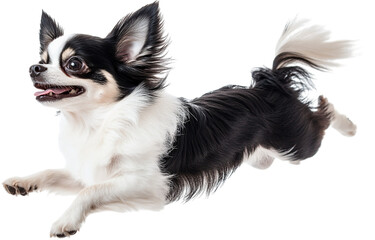 black and white long-haired Chihuahua is jumping, with a transparent background