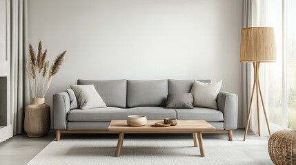 Minimalist living room with gray sofa, wooden coffee table, and rattan lamp, embodying modern simplicity and natural elegance.
