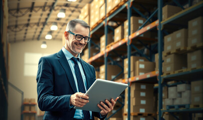 A man stands in a warehouse, holding a tablet computer and carefully checking the inventory list for the presence of goods. Generative AI. 