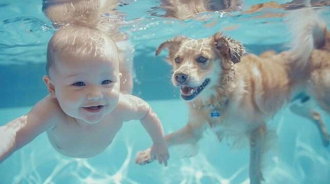 A baby and dog swimming in the pool, underwater photography, cute expression