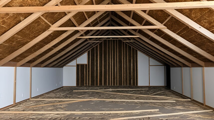 Brown truss with cracked wood seen in attic; walls lined with OSB boards.