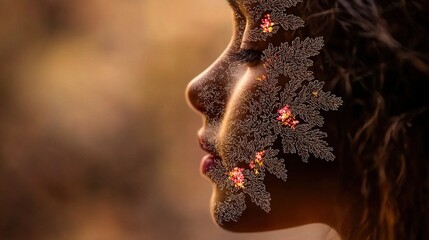 Close-up profile portrait, floral design