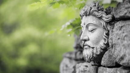 Fototapeta premium Peaceful stone sculpture head in tranquil garden setting