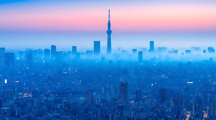Obraz premium Misty Tokyo city skyline at dawn.
