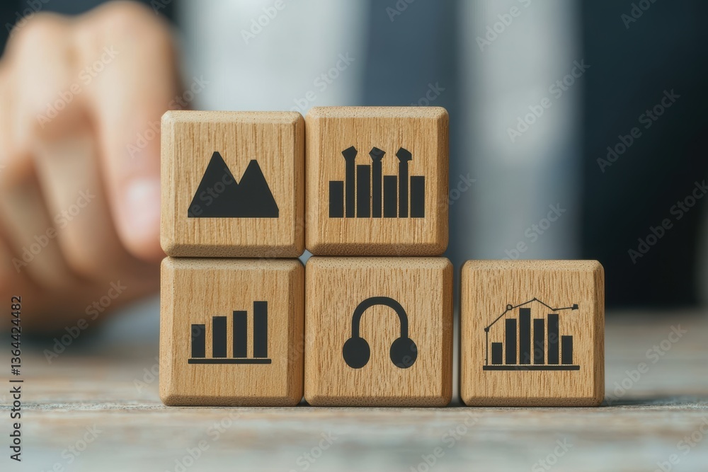 Poster wooden blocks displaying business metrics and graph icons with a blurred hand in a professional sett