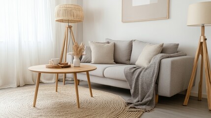 Minimalist living room with gray sofa, wooden coffee table, and rattan lamp, embodying modern simplicity and natural elegance.
