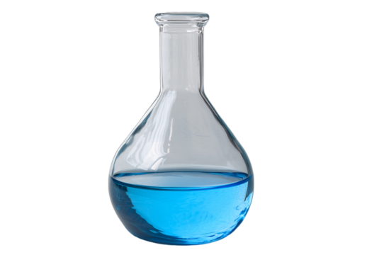 Blue liquid in a feared Erlenmeyer flask on a transparent background