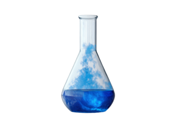 Blue liquid in a feared Erlenmeyer flask on a transparent background