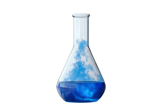 Blue liquid in a feared Erlenmeyer flask on a transparent background