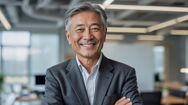 A confident old man smiling and crossing his arms in a professional office environment. Success and institutionalization. 