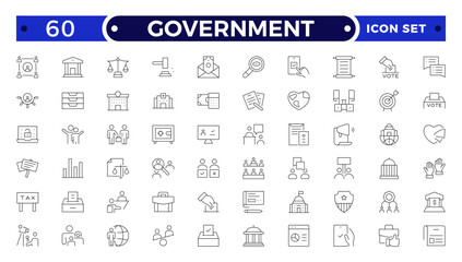Government outline icon set. Containing community center, public park, city hall, government, policy, needs, community, public finance, interest, volunteer, electricity, and more.