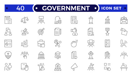 Government outline icon set. Containing community center, public park, city hall, government, policy, needs, community, public finance, interest, volunteer, electricity, and more.