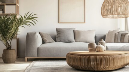 Minimalist living room with gray sofa, wooden coffee table, and rattan lamp, embodying modern simplicity and natural elegance.
