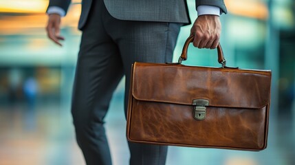 Man in suit carrying leather briefcase walks confidently. Perfect for finance, success, and professional lifestyle concepts.