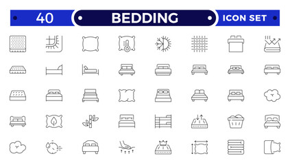 Bedding outline icon. Collection of Icons of Wardrobe, Bed, Sofa, Table, Chair Drawn with Thin Line for apps, web sites, banners.