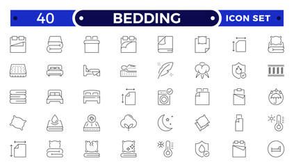 Bedding outline icon. Collection of Icons of Wardrobe, Bed, Sofa, Table, Chair Drawn with Thin Line for apps, web sites, banners.
