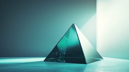 Fototapeta premium A translucent teal glass pyramid resting on a concrete surface