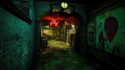 Fototapeta premium Dark Alleyway, Neon Signs, Horror Game