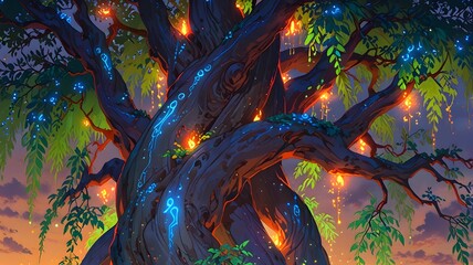 enchanted willow tree with bark carved like ancient runes