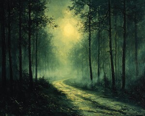 Obraz premium Misty forest path at dawn