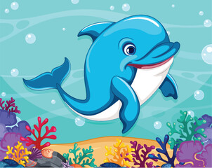 Obraz premium Cheerful Dolphin in Vibrant Coral Reef