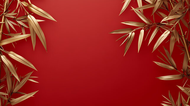Golden Bamboo Leaves on a Red Background