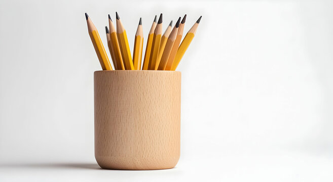  pencil pot made of natural beechwood with pencils inside on a white background.