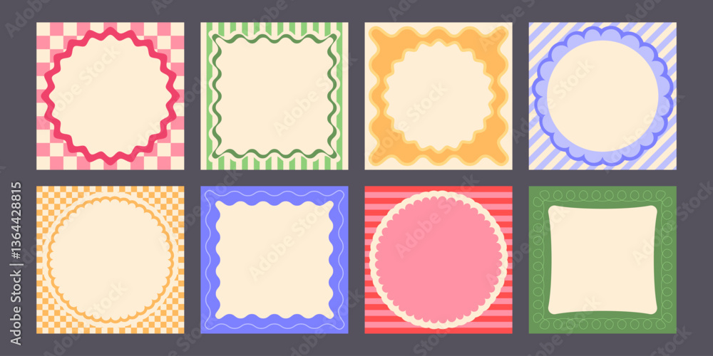 Aufkleber groovy patterned border frames set - wavy edge, checkered, striped decorative square frame collectio