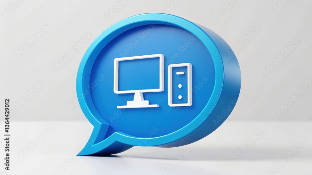 Poster digital dialogue: a 3d rendering of a blue speech bubble, displaying a computer icon, is a clever vi