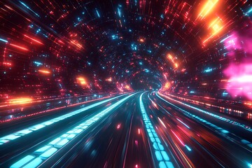 Abstract Light Trails and Glowing Particles Forming a Digital Path