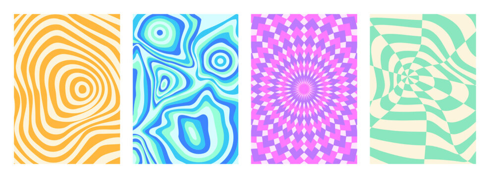 Psychedelic optical illusion wavy patterns - concentric curved lines, geometric shapes in vivid colors. Abstract groovy retro striped backgrounds, trendy 60s hypnotic prints for poster, fabric design.