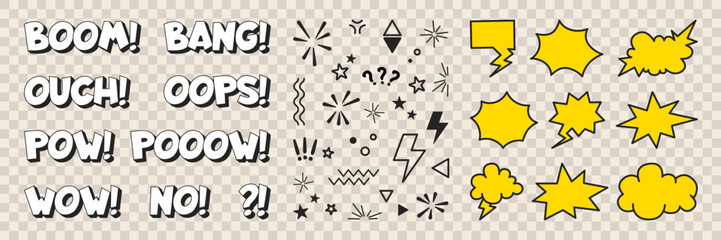Comic cartoon speech bubbles set - white text expressions, black dynamic elements and yellow explosion shapes, clouds, starburst forms. Funny pop art comic book style kit for content creation. © klyaksun
