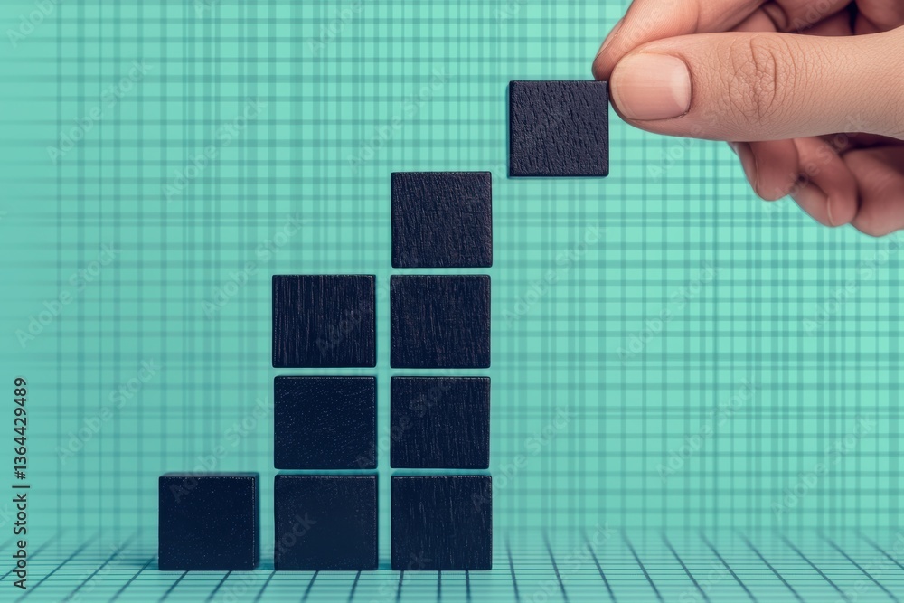 Aufkleber hand placing final black cube on a growing stack against a grid background symbolizing progress