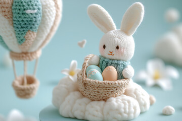 Obraz premium Charming Easter Bunny’s Hot Air Balloon Voyage: Soaring Through Woolen Cloudscapes with Decorative Eggs in a Whimsical Travel-inspired Easter Wonderland