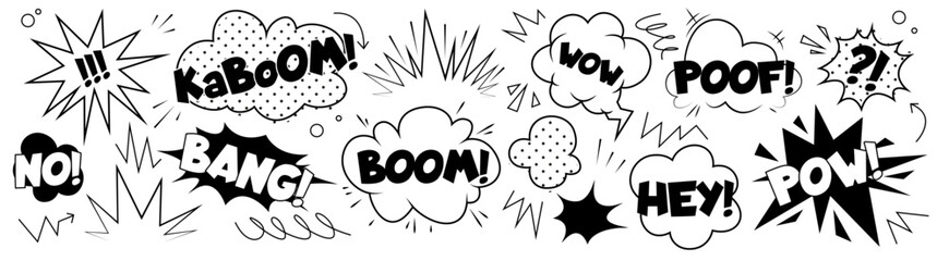 Comic book action words - kaboom, bang, boom, wow and pow in pop art style. Black and white retro speech bubbles, sound effects for superhero fight scenes, explosions, surprises in comics design.
