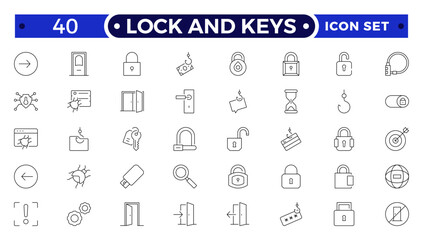 Set of Lock and keys web icons in line style. Guard, cyber security, password, smart home, safety, data protection, key, shield, lock, unlock, eye access. Security outline icon set.