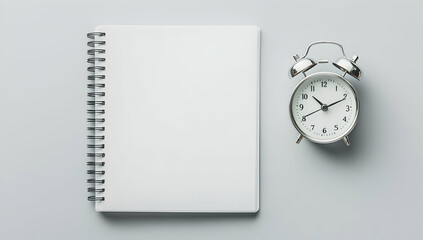 A white notebook with spiral edges on the left side and an alarm clock next to it.